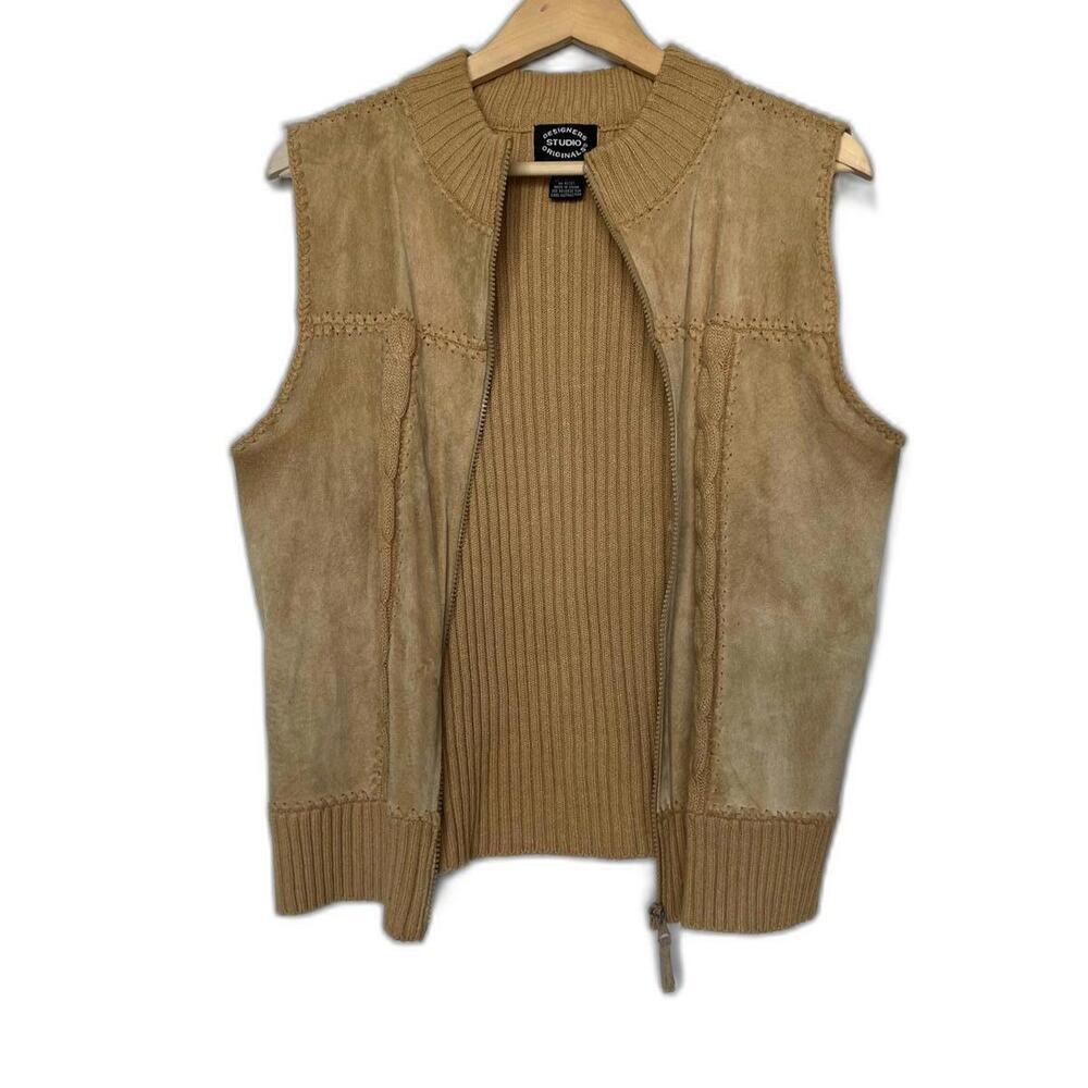 Vintage Tan‎ Leather Suede Knitted Sweater Vest
